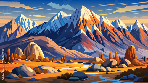 Very beautiful view of Sierra Mountains from Alabama Hills near Lone Pine, California, USA, showcasing rugged rock formations, snow-capped peaks, and stunning natural desert landscape under clear 