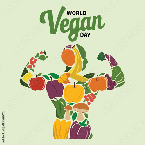 Vector art of world vegan day celebrated with a fit human figure composed of colorful fruits and vegetables, emphasizing a strong and healthy vegan lifestyle
