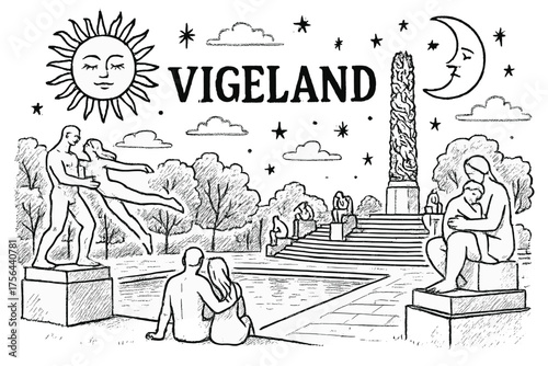 Vigeland Park Illustration. Hand-drawn vigeland park with suns, moons, and statues, center word “Vigeland” in black and white