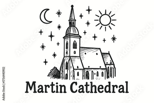 St. Martin's Celestial Cathedral. Hand-drawn st martin’s cathedral with moons, suns, and sparkles, center word “MartinCathedral”