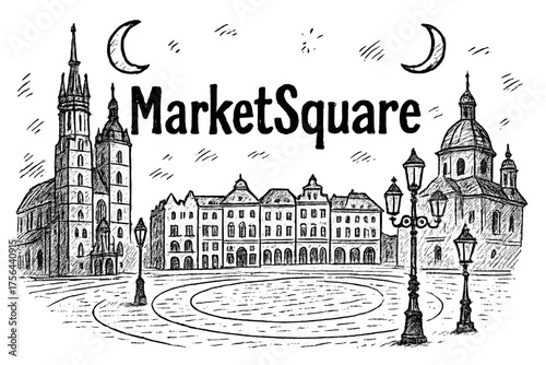 Market Square Sketch. Hand-drawn main market square with moons, churches, and lanterns, center word “MarketSquare” in black and