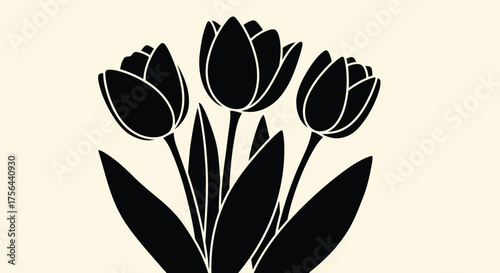 Vector illustration of three black tulip silhouettes with leaves on a light beige background, a simple and elegant floral illustration
