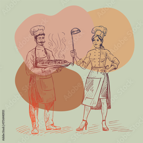 Vector illustration of the cooking profession Man and woman dressed as chefs with food
