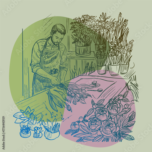 Vector illustration of a florist at work. A man is arranging a bouquet of flowers.