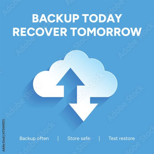 Vector art of a cloud with arrows on a blue background illustrates the concept of data backup and recovery for safeguarding information and ensuring business continuity