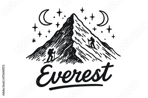Everest Fantasy Illustration. Hand-drawn mount everest with moons, climbers, and sparkles, center word “Everest” in black and