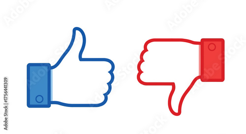 Vector illustration of blue thumbs up and red thumbs down icons isolated on a, representing like and dislike symbols