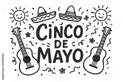 Cinco de Mayo Celebration. Hand-drawn cinco de mayo with guitars, sombreros, and suns, center word “CincoDeMayo” in black and