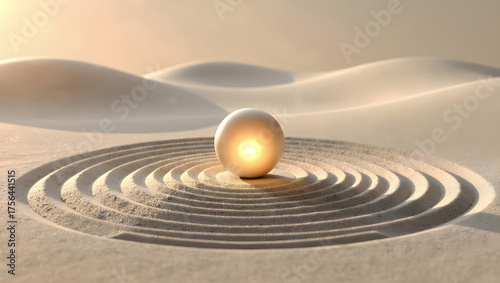 Zen Garden Serenity: Minimalist Raked Sand Patterns with a Central Glowing Orb in Warm Stone and Beige Tones Under Soft, Diffused Light