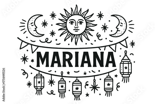 Mariana Islands Fiesta. Hand-drawn mariana islands fiesta with moons, suns, and lanterns, center word “Mariana” in black and white