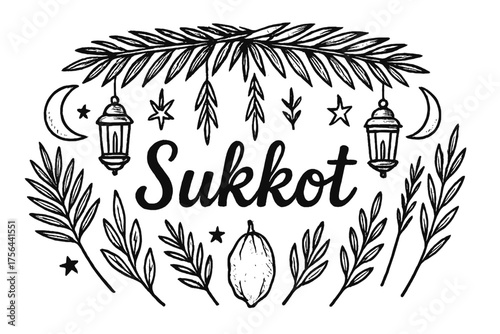 Sukkot Celebration Drawing. Hand-drawn sukkot with moons, leaves, and lanterns, center word “Sukkot” in black and white isolated