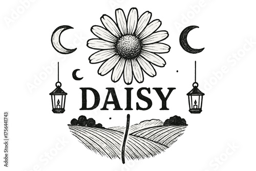 Daisy with Moons. Hand-drawn daisy with moons, fields, and lanterns, center word “Daisy” in black and white isolated transparent