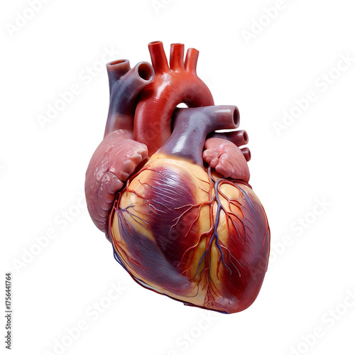 A detailed and realistic anatomical model of the human heart, isolated on a clean white background.
