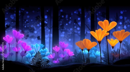 Colorful, glowing plants in a mystical forest setting. Bright orange and pink hues create a magical, dreamlike atmosphere, perfect for fantasy themes.