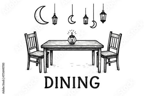 Lunar Dining Table. Hand-drawn dining table with moons, chairs, and lanterns, center word “Dining” in black and white isolated