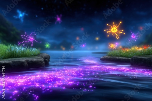 Imaginative scene of glowing, colorful microscopic life forms floating above a serene lake at night, surrounded by lush greenery. Ideal for fantasy and nature themes.