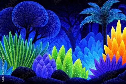 Colorful, imaginative depiction of microscopic life forms in a vibrant, abstract style. Bright blues, greens, and oranges create a dynamic, surreal landscape.