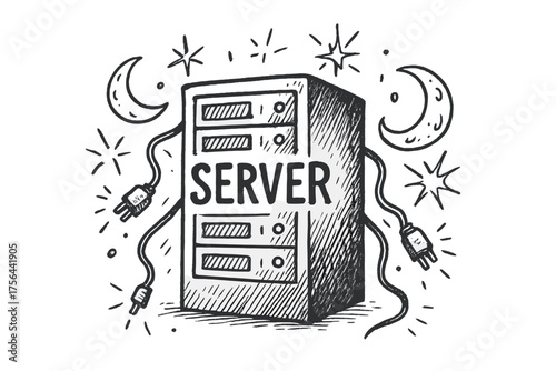 Cosmic Server Design. Hand-drawn server with moons, cables, and sparks, center word “Server” in black and white isolated