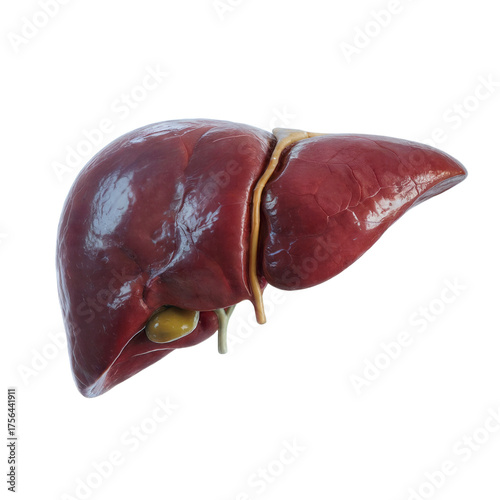 Anatomical model of a human liver with gallbladder and associated vessels.