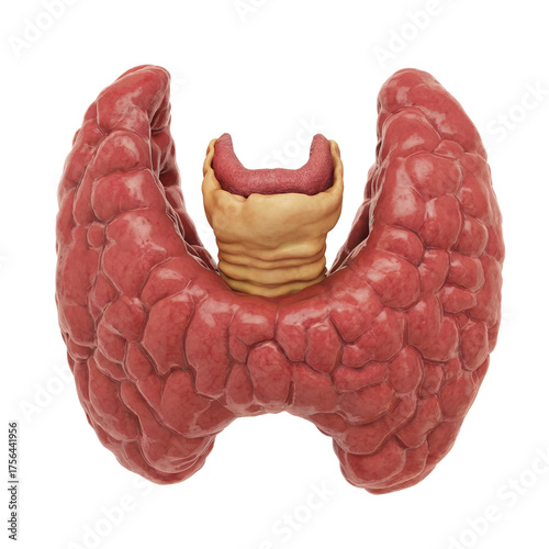 Anatomical illustration of the human thyroid gland, showing its detailed structure and location.