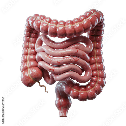 Anatomical illustration of the human colon and small intestine.