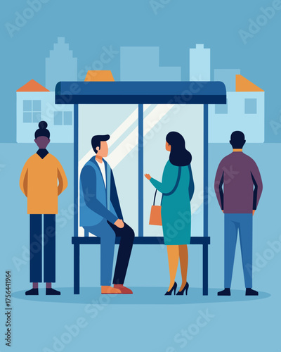 A person standing at a bus stop while others around them chat with their companions.. Vector illustration