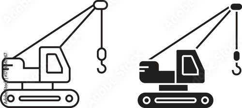 Crawler crane glyph icon set, representing industrial equipment and labor tools, isolated on transparent background. Heavy machinery and construction vehicle vector illustration design.