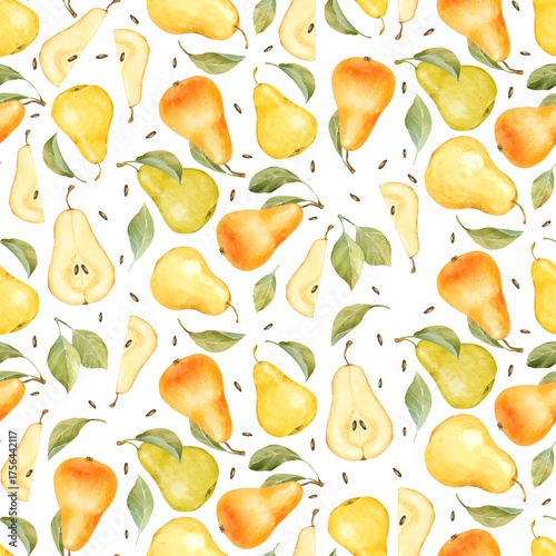 Hand-drawn illustration of a seamless pattern with whole pears, halved pear slices with seeds, and scattered green leaves