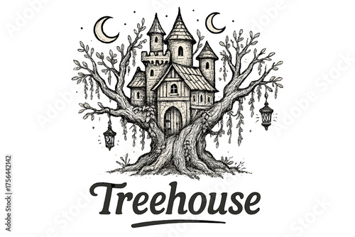 Enchanted Treehouse Fortress. Hand-drawn treehouse fortress with moons, lanterns, and vines, center word “Treehouse” in black and