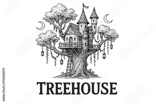Enchanted Treehouse Fortress. Hand-drawn treehouse fortress with moons, lanterns, and vines, center word “Treehouse” in black and