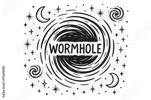 Wormhole Portal Illustration. Hand-drawn wormhole portal with moons, sparkles, and galaxies, center word “Wormhole” in black and