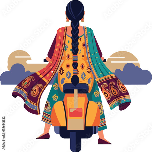 Young indian woman in traditional clothing riding a scooter through clouds and sun