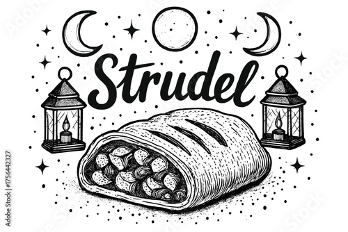Strudel and Moons. Hand-drawn apple strudel with moons, sugar, and lanterns, center word “Strudel” in black and white isolated