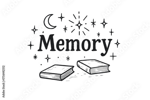 Memory Design Elements. Hand-drawn memory designer with moons, sparks, and books, center word “Memory” in black and white isolated
