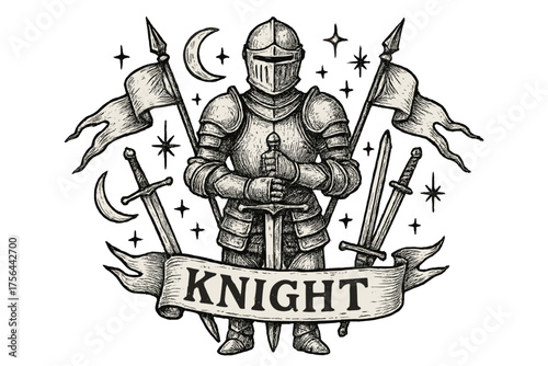 Knight Armor and Moons. Hand-drawn knight full armor with moons, swords, and banners, center word “Knight” in black and white