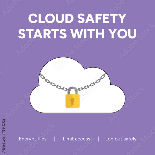Vector art of cloud safety starts with you encrypt files, limit access, and log out safely to protect your data with a cloud and padlock icon