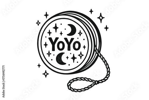 Moonlit Yo-Yo Design. Hand-drawn yo-yo with moons, sparkles, and strings, center word “YoYo” in black and white isolated