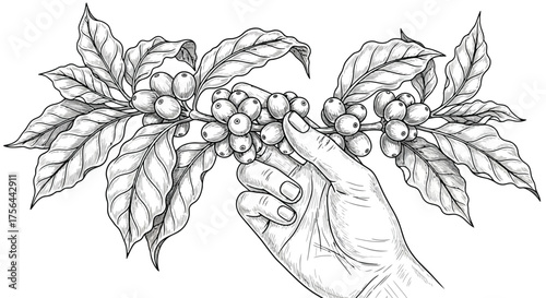 Vector illustration of a detailed black and white illustration of a hand harvesting ripe coffee cherries from a branch, perfect for artisanal coffee branding
