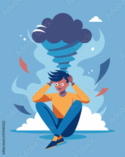 A person feeling as if they are being torn apart by the competing demands of daily life like being caught in the powerful winds of a stress tornado.. Vector illustration