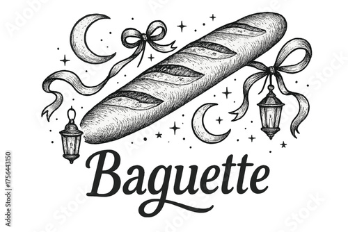 Whimsical Baguette Design. Hand-drawn baguette with moons, ribbons, and lanterns, center word “Baguette” in black and white