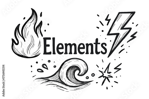 Elemental Magic Art. Hand-drawn elemental magic with flames, waves, and sparks, center word “Elements” in black and white isolated