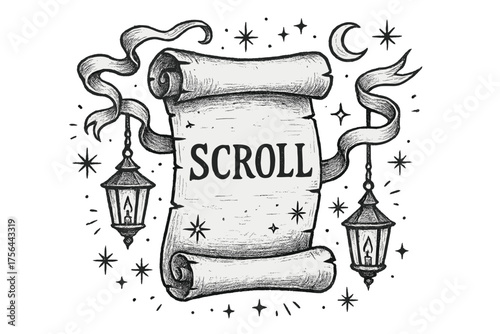 Magical Spell Scroll. Hand-drawn scroll of spells with lanterns, ribbons, and sparks, center word “Scroll” in black and white