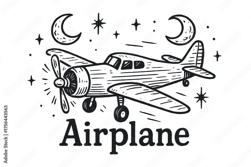 Obraz premium Airplane with Moons. Hand-drawn airplane with moons, propellers, and sparks, center word “Airplane” in black and white isolated