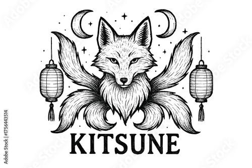 Kitsune with Moons. Hand-drawn kitsune with moons, lanterns, and tails, center word “Kitsune” in black and white isolated