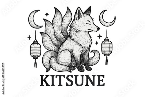 Kitsune with Moons. Hand-drawn kitsune with moons, lanterns, and tails, center word “Kitsune” in black and white isolated