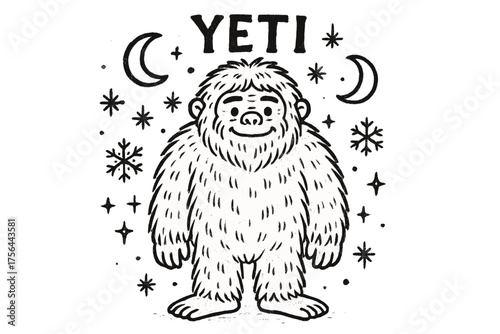 Yeti with Moons. Hand-drawn yeti with moons, snowflakes, and sparkles, center word “Yeti” in black and white isolated transparent