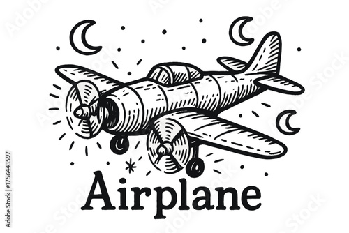 Airplane with Moons. Hand-drawn airplane with moons, propellers, and sparks, center word “Airplane” in black and white isolated