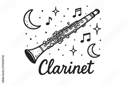Magical Clarinet Illustration. Hand-drawn clarinet with moons, notes, and sparkles, center word “Clarinet” in black and white