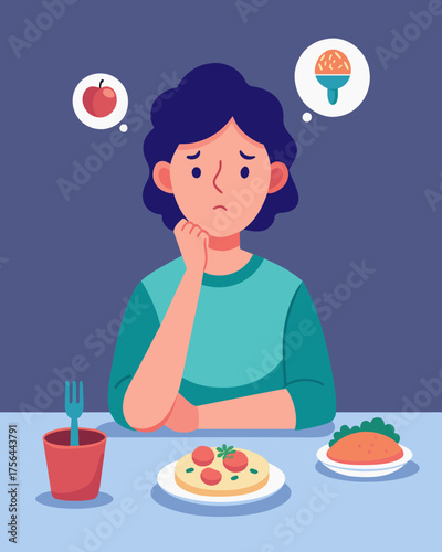 A person sitting at a table with two plates of food one representing their desires and the other their morals struggling to choose which to consume.. Vector illustration