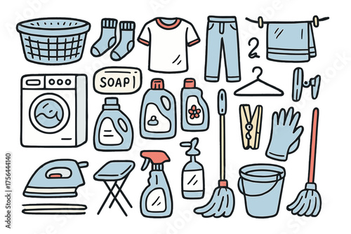 Laundry Icon Sketches. Laundry day doodle icon set: hand drawn icons of basket, socks, shirt, pants, underwear, towel, washing